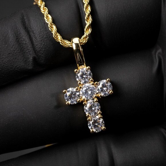 Mini Micro Elegant Yellow Gold Plated Iced Pointer Cross Pendant Necklace - Picture 1 of 6